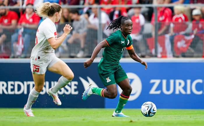 Zambia's Barbra Banda battles for the ball against Switzerland.